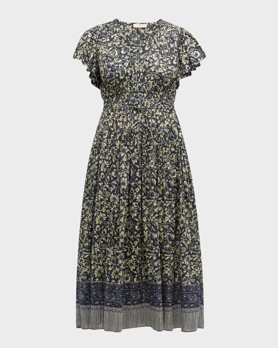 Lyria Flutter-Sleeve Floral Midi Dress